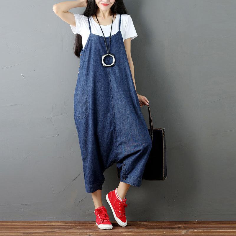 サロペット レディース デニム オーバーオール オールインワン 春夏 ハイウエスト ゆったり ルーズフィット ビッグサイズ ロング丈 テーパード カジュアル ストリートファッション ウォッシュ加工 綿 ブルー