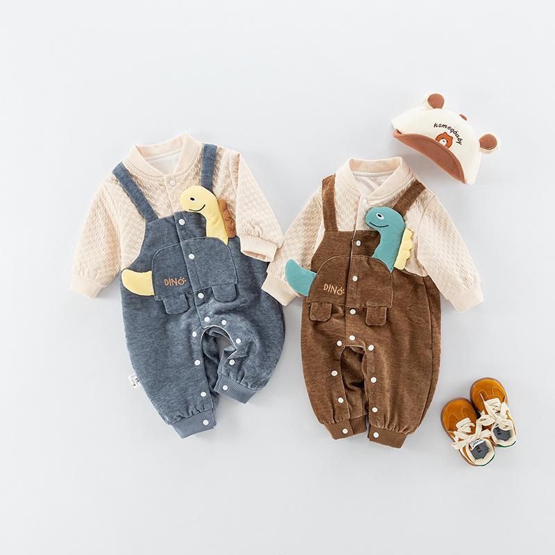 カバーオール 男の子 ベビー 新生児 キャラクター かわいい 長袖 ロンパース 春秋 綿混 無縫製 コットンブレンド 前開き 外出着 お出かけ デニムブルー ミラードブラウン