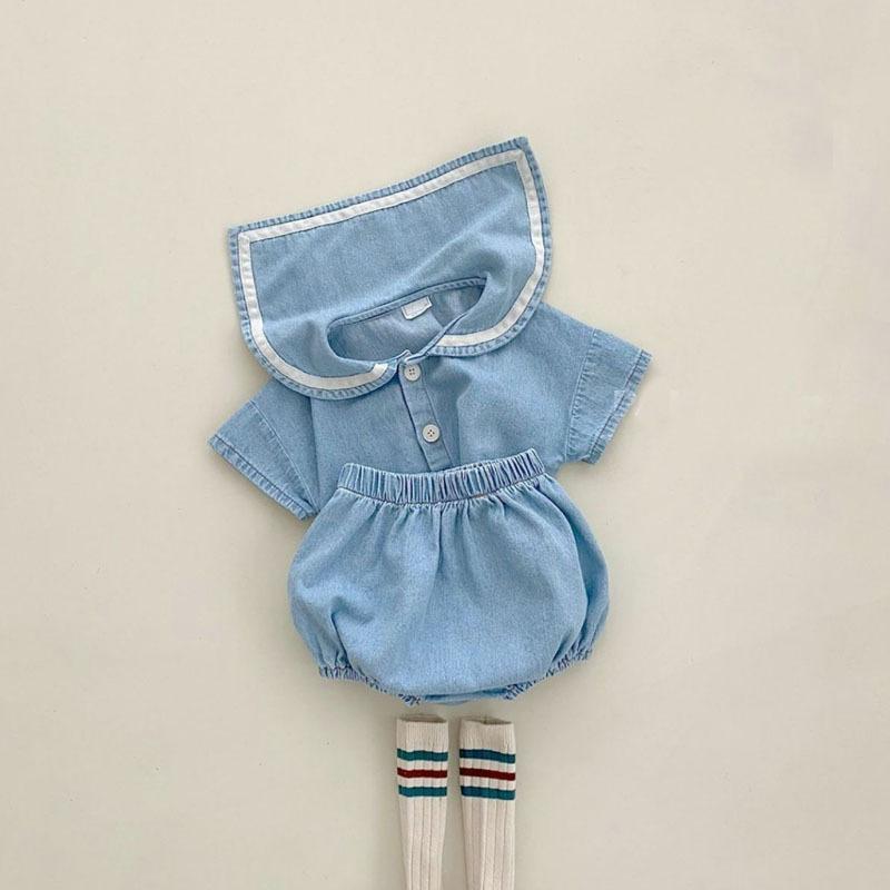 ベビー服 男女兼用 韓国ファッション デニム セットアップ 半袖 ショートパンツ 春夏 セーラー襟 かわいい ソフト 綿100% ライトブルー ツーピース