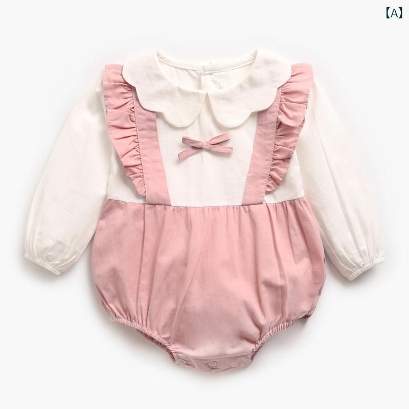 ベビー服 女の子 ロンパース 長袖 カバーオール 春秋 花びら襟 襟付き フェイクレイヤード 韓国風 コットン 綿100% お宮参り 100日祝い 退院着
