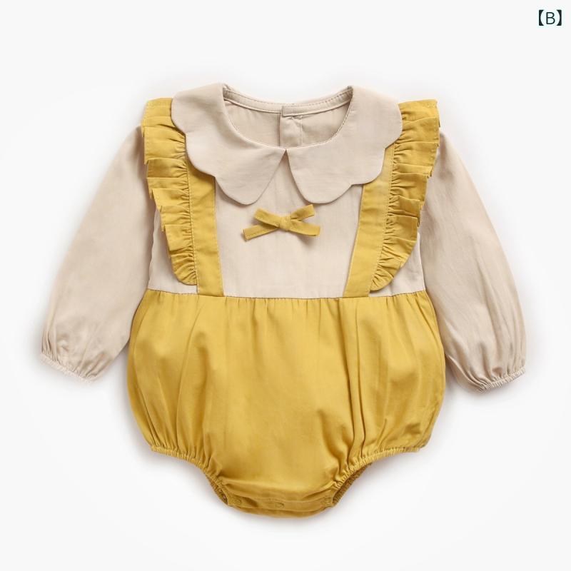 ベビー服 女の子 ロンパース 長袖 カバーオール 春秋 花びら襟 襟付き フェイクレイヤード 韓国風 コットン 綿100% お宮参り 100日祝い 退院着