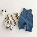 ベビー服 男の子 女の子 男女兼用 新生児 乳幼児 デニム サロペット ロンパース ストライプ柄 長袖トップス 綿 韓国風 前開き 春秋冬 お出かけ 2点セット