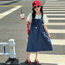 キッズ 女の子 デニム サロペットワンピース セットアップ 2点セット 半袖トップス 夏物 薄手 おしゃれ カジュアル 普段使い 柔らかな肌触り