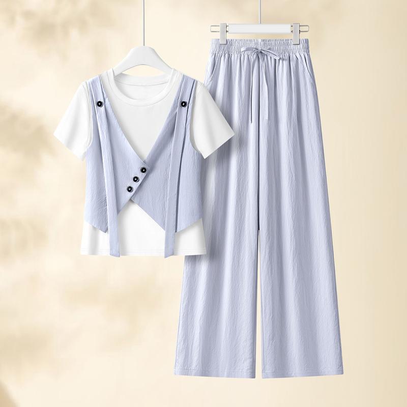 カジュアルセットアップ レディース ツーピース 柔らか コットン 綿混 ストレッチ パンツセット ロングパンツ 半袖 個性的デザイン エレガント おしゃれ きれいめ 通勤 春夏(4)