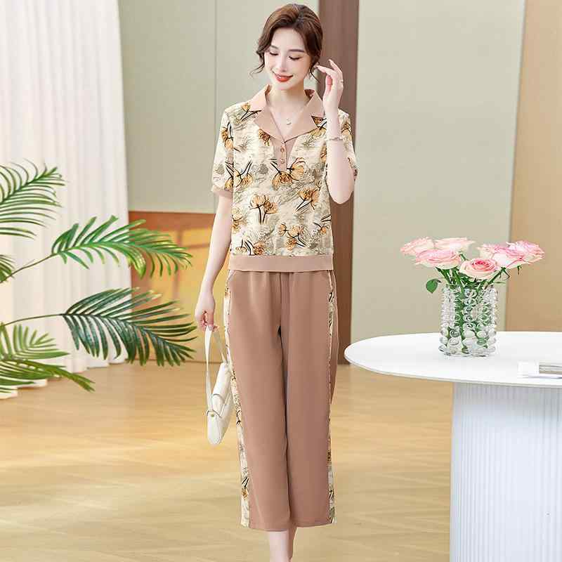 セットアップ ミセス ママ 母親 女性用 夏 半袖Tシャツ トップス ツーピース おしゃれ 上品 ゆったり 普段使い リラックスウェア ポリエステル