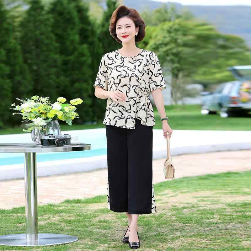 セットアップ レディース ミセス 中高年 2点セット 春夏 おしゃれ カジュアル エレガント ゆったり 体型カバー シフォンブラウス 半袖トップス 九分丈パンツ 切り替え 薄手 ポリエステル ホワイト ブラック