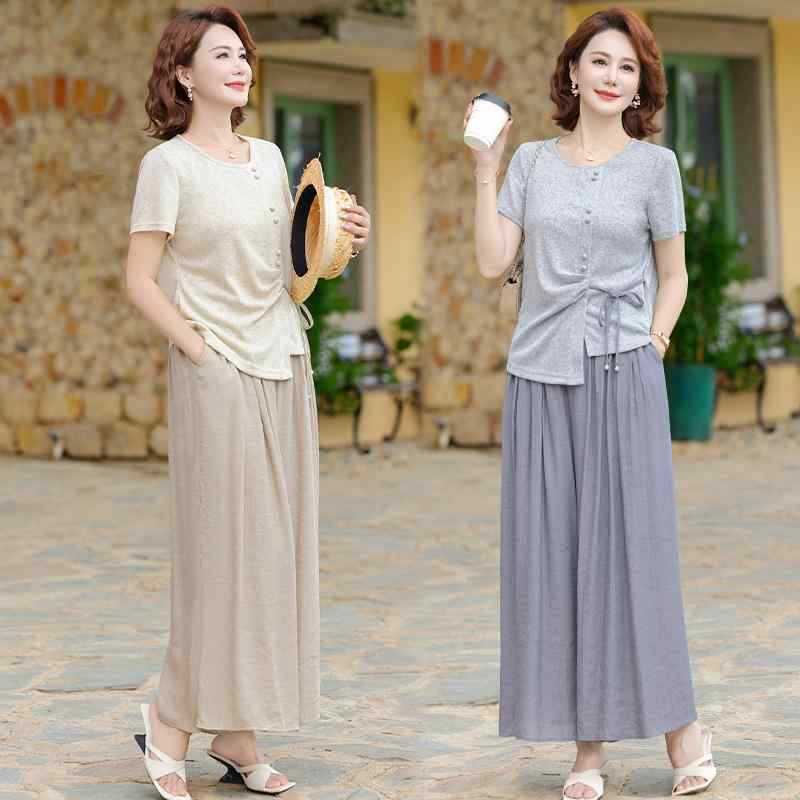 セットアップ ミセス 大人女性 半袖Tシャツ 九分丈パンツ 夏 上品 おしゃれ カジュアル 普段使い ゆったり リラックス 体型カバー 薄手ポリエステル グレー カーキ 2点セット