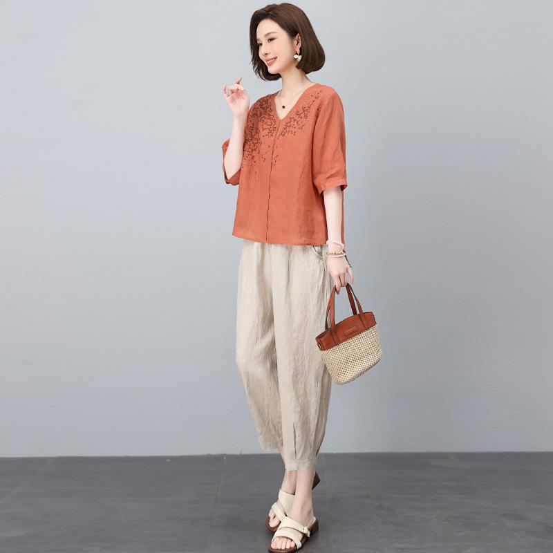 セットアップ レディース ラミー 麻 リネン レトロ 刺繍 シャツ トップス ゆったり カジュアルパンツ 春夏 無地 ポケット付き 七分袖 ルーズフィット リラックスウェア(4)