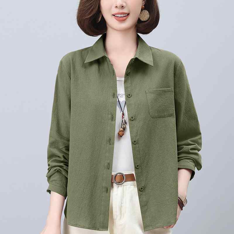 シャツ レディース 長袖 綿 コットン 天然素材 襟付き ママ ミセス デザイン性 ゆったり ルーズフィッ..