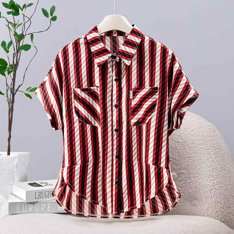 シャツ レディース 半袖 ストライプ ポロ襟 ゆったり 体型カバー 前後差丈 アシンメトリー 細見え ポリエステル しわになりにくい ブラウス トップス 春夏 カジュアル 普段使い