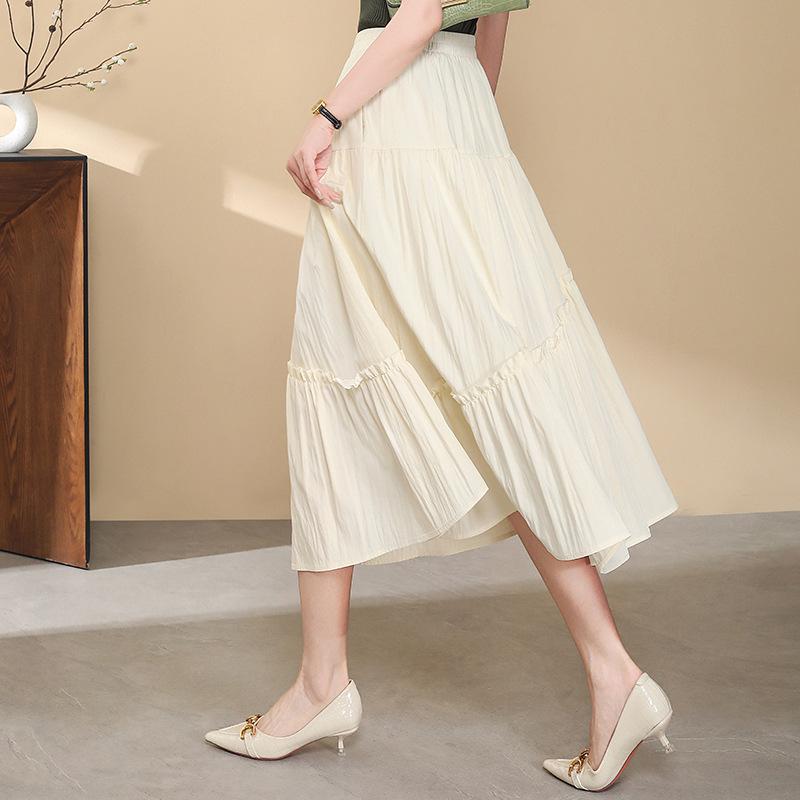 スカート レディース 春夏 ミディ丈 ハイウエスト フレア Aライン 上品 シンプル カジュアル 低身長向け ポケット付き 着回し ナイロン レーヨン ブラック ブラウン ベージュ