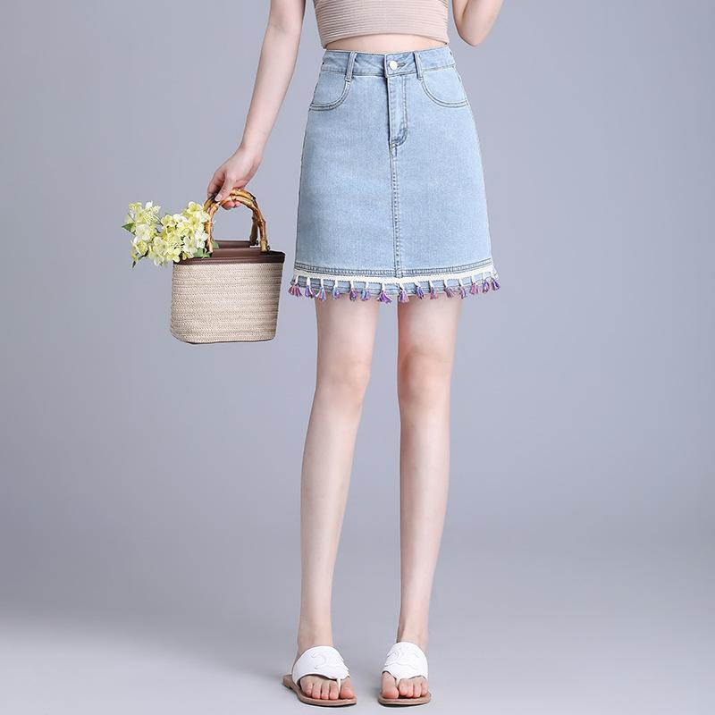 スカート レディース ボリュームフリンジ デニム Aライン ハイウエスト ショート丈 インナーパンツ付き 小柄向け 体型カバー 綿混 日韓カジュアル ブルー 春夏