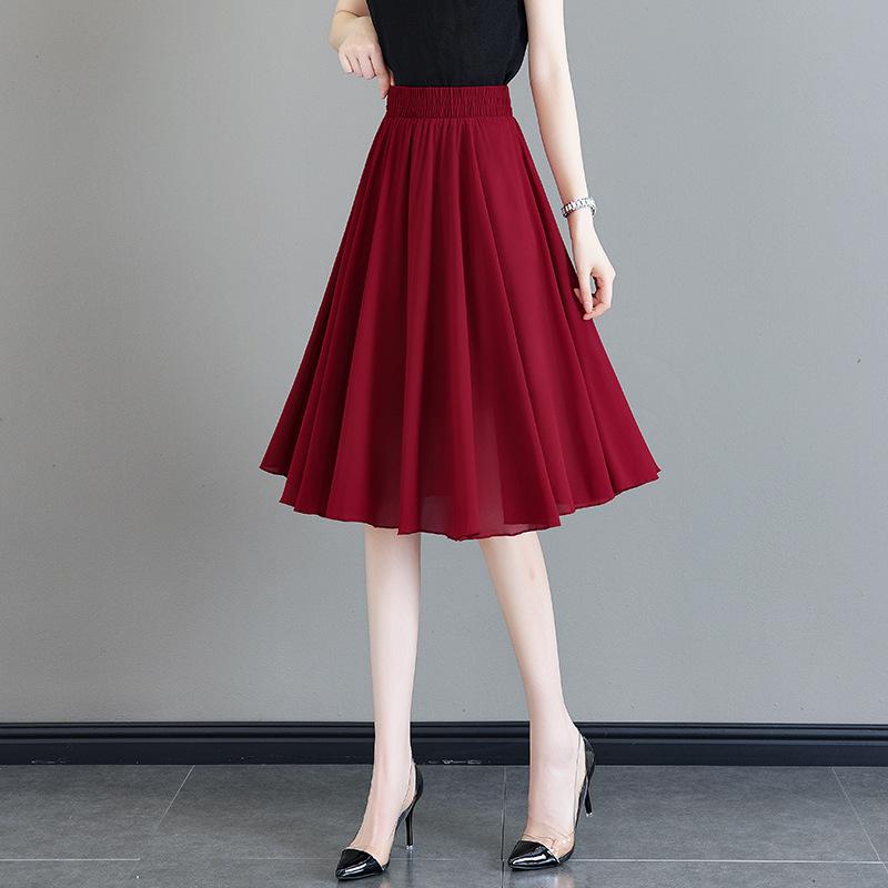 スカート レディース シンプル ゴムウエスト シフォン 薄手 軽量 膝下丈 ミモレ丈 ロング丈 フレア Aライン プリーツ 無地 きれいめ 上品 普段使い 春夏