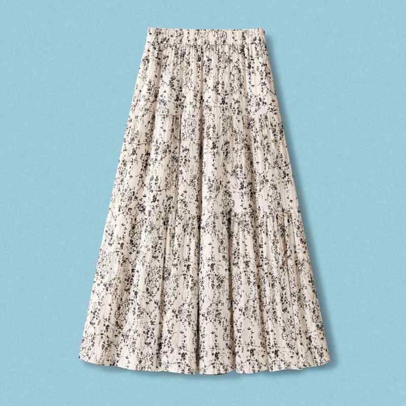 スカート レディース ハイウエスト 細見え スタイルアップ Aライン フレアスカート ミモレ丈 切り替え 小花柄 春夏 ナチュラル フェミニン スウィート ポリエステル アプリコット ブラック