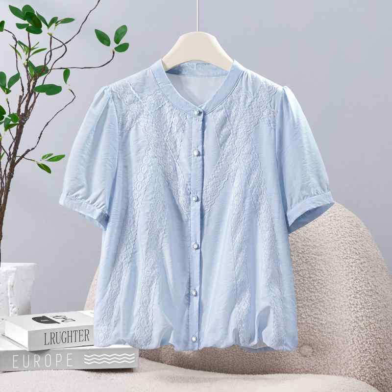 ブラウス レディース 半袖 ゆったり Vネック クロップド丈 体型カバー 着痩せ 薄手 ふんわり 前開き ボタン付き 無地 レーヨン混 接触冷感 春夏 通勤 オフィス カジュアル ブルー ホワイト