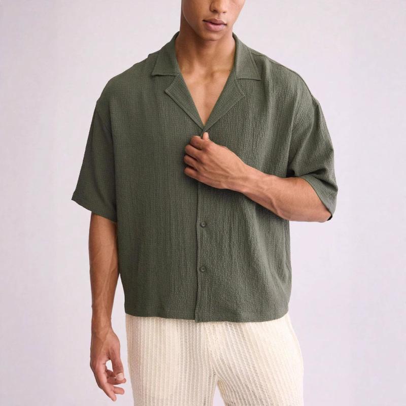 シャツ メンズ 男性用 無地 半袖 開襟 襟付き ポリエステル ゆったり ルーズ オーバーサイズ 大人カジュアル トレンド 普段使い デイリー リラックス 春夏 カーキ ブラック ホワイト トップス