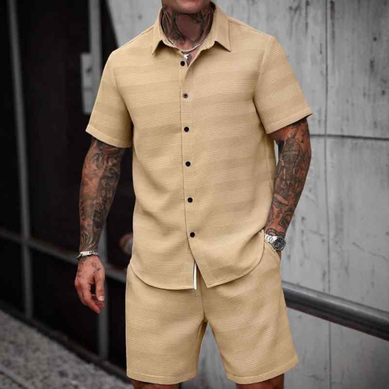 セットアップ メンズ 半袖シャツ ショートパンツ 夏 ジャカード 無地 リゾート カジュアル スタイル ビーチ 普段使い 綿混 ポリエステル ジンジャーイエロー ホワイト スカイブルー