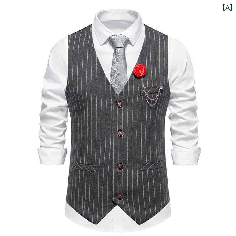 ベスト メンズ 男性用 レトロ ストライプ ボーダー ポリエステル コットンブレンド シワになりにくい シングルブレスト Vネック スリムフィット ビジネス カジュアル 通勤 デイリー ジレ ダークグレー ブラック