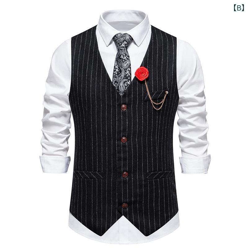ベスト メンズ 男性用 レトロ ストライプ ボーダー ポリエステル コットンブレンド シワになりにくい シングルブレスト Vネック スリムフィット ビジネス カジュアル 通勤 デイリー ジレ ダークグレー ブラック