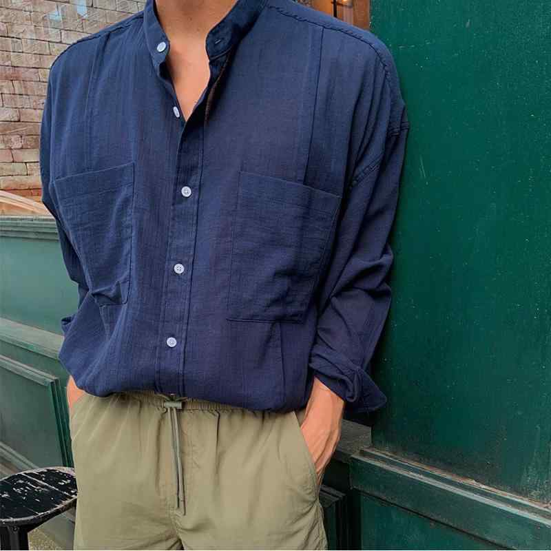 シャツ メンズ 春夏 綿麻 長袖 薄手 ゆったり 無地 ワークカジュアル スタンドカラー ポケット付き ウォッシャブル トップス 普段着 ホワイト ネイビー