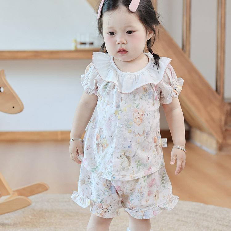 セットアップ キッズ 女の子 ベビー 幼児 2点セット パフスリーブ 薄手 綿 コットン 竹繊維 半袖 ショートパンツ 春夏 かわいい おしゃれ 田園風