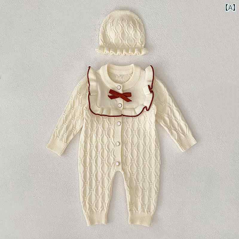 ロンパース ベビー 女の子 新生児 長袖 無地 ニット セーター カバーオール 秋冬春 お出かけ 普段着 柔らかい 肌触り 韓国風 ミルクホワイト レッド ピンク 2