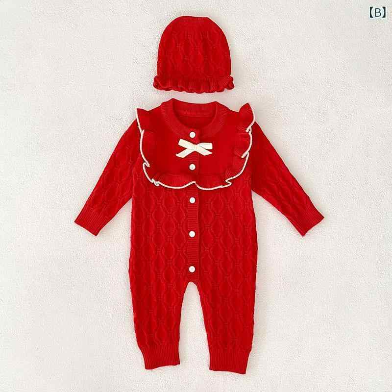 ロンパース ベビー 女の子 新生児 長袖 無地 ニット セーター カバーオール 秋冬春 お出かけ 普段着 柔らかい 肌触り 韓国風 ミルクホワイト レッド ピンク 3