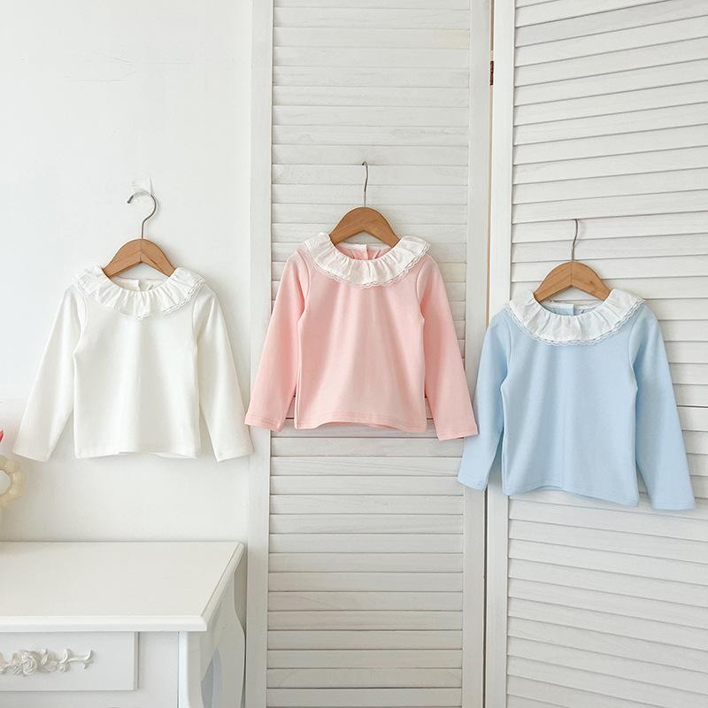 キッズ 女の子 Tシャツ トップス 長袖 フリル襟 レース襟 ラウンドネック 無地 柔らか コットン 綿 吸湿速乾 通園 通学 普段使い カジュアルスタイル 春秋
