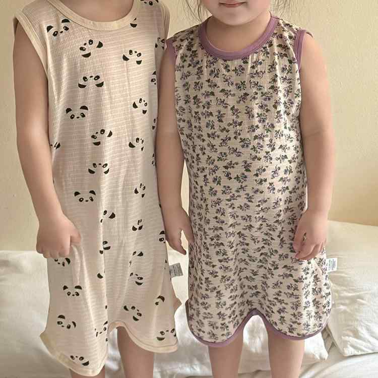 スリーパー ベビー キッズ 男女兼用 綿100% 竹繊維 薄手 接触冷感 吸湿速乾 快適 春夏 ルームウェア パジャマ 動物柄 花柄 パンダ くま ルームワンピース