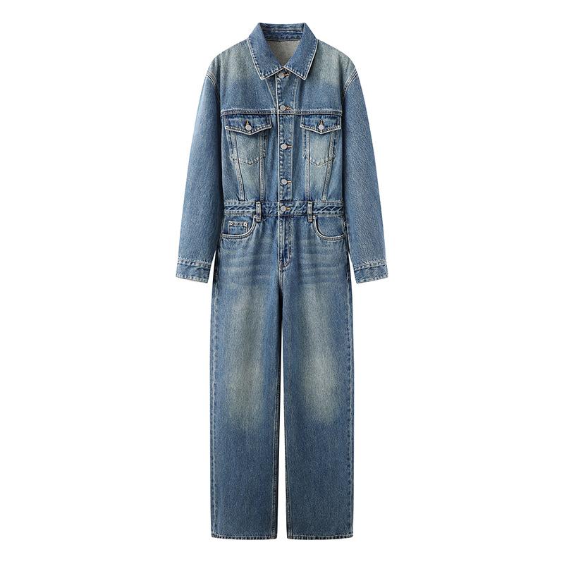 デニム レディース オールインワン サロペット ハイウエスト ストレートシルエット ロング丈 ゆったり 切り替え カジュアル 普段使い 大人カジュアル お洒落 春夏 ブルー