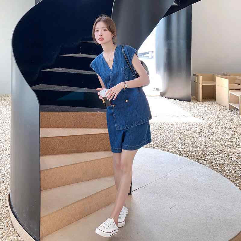 サロペット レディース デニム オールインワン 香港風 レトロ Vネック フェイクツーピース レイヤード風 ゆったり ワイド ショートパンツ 薄手 綿 夏 サマー ブルー 通勤 オフィス カジュアル エレガント きれいめ 体型カバー