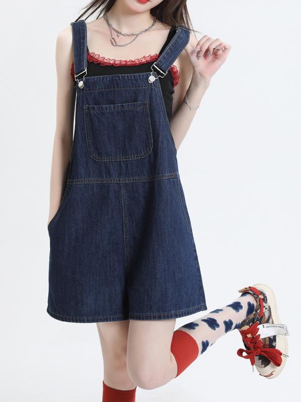 サロペット レディース デニム ショートパンツ ゆったり ワイドシルエット 小柄向け 体型カバー 着痩せ効果 ハイウエスト おしゃれ 微ストレッチ 綿 コットン ウォッシュ加工 ポケット付き 夏 カジュアル ディープブルー