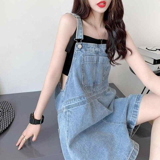 サロペット レディース ハイウエスト ストレート デニム ジーンズ ショートパンツ 夏 ゆったり ルーズ オーバーサイズ 体型カバー カジュアル 普段使い お出かけ 韓国風 おしゃれ ライトブルー ブラック オールインワン