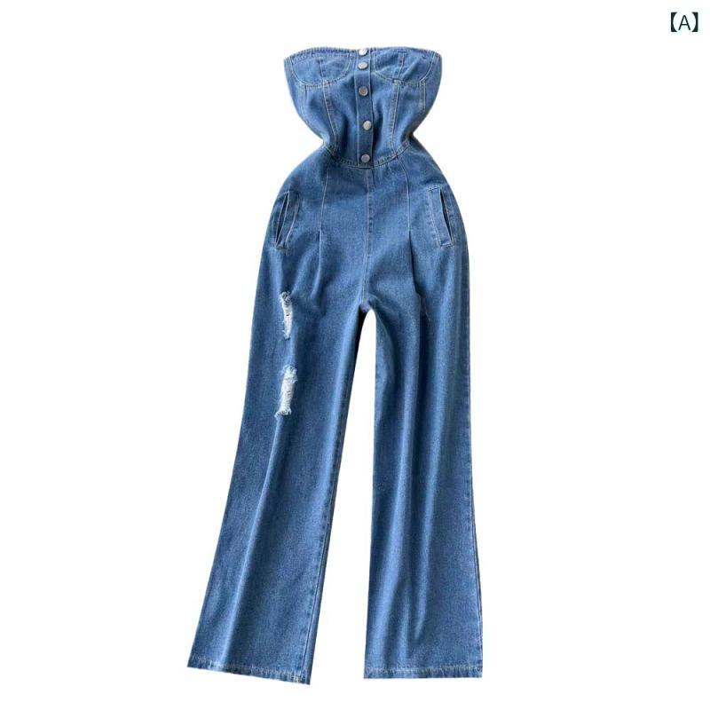 デニム オールインワン レディース 原宿風 レトロ ワークテイスト ゆったり ワイドレッグ ベアトップ スリット ダメージ加工 着痩せ マキシ丈 春夏