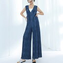オールインワン レディース デニム ワイドパンツ ドレープ ゆったり ノースリーブ ロング丈 カジュアル 春夏 ポリエステル 伸縮性 普段使い お出かけ リラックス 上品 ブラック ブルー(4)
