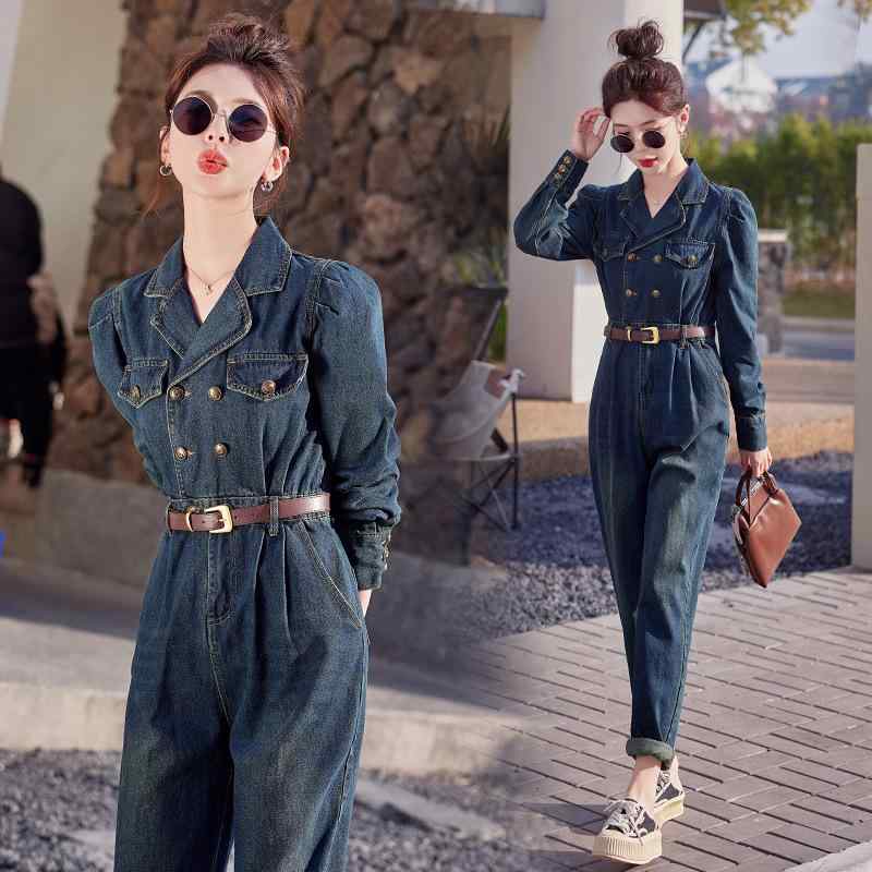 オールインワン レディース コンビネゾン デニム ハイウエスト テーラードカラー スリムフィット 上品 エレガント 高級感 ワークテイスト 韓国風 レトロ ヴィンテージ テーパード ロング丈 ストレッチ 伸縮性 春秋