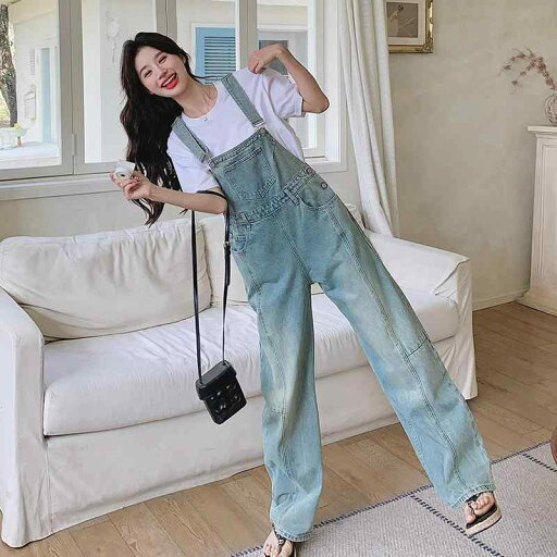 オーバーオール レディース デニム サロペット 塩系 レトロ 体型カバー オールインワン Tシャツ トップス 2点セット 春夏 カジュアルスタイル ゆったり 無地 ポリエステル 通勤 オーバーオール レディース デニム サロペット 塩系 レトロ 体型カバー オールインワン Tシャツ トップス 2点セット 春夏 カジュアルスタイル ゆったり 無地 ポリエステル 通勤