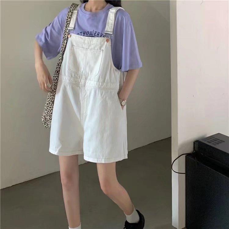 サロペット レディース デニム ハイウエスト ワイド ショートパンツ ゆったり ルーズフィット 若見え 韓国ファッション 春夏 オールインワン コットン カジュアル ホワイト