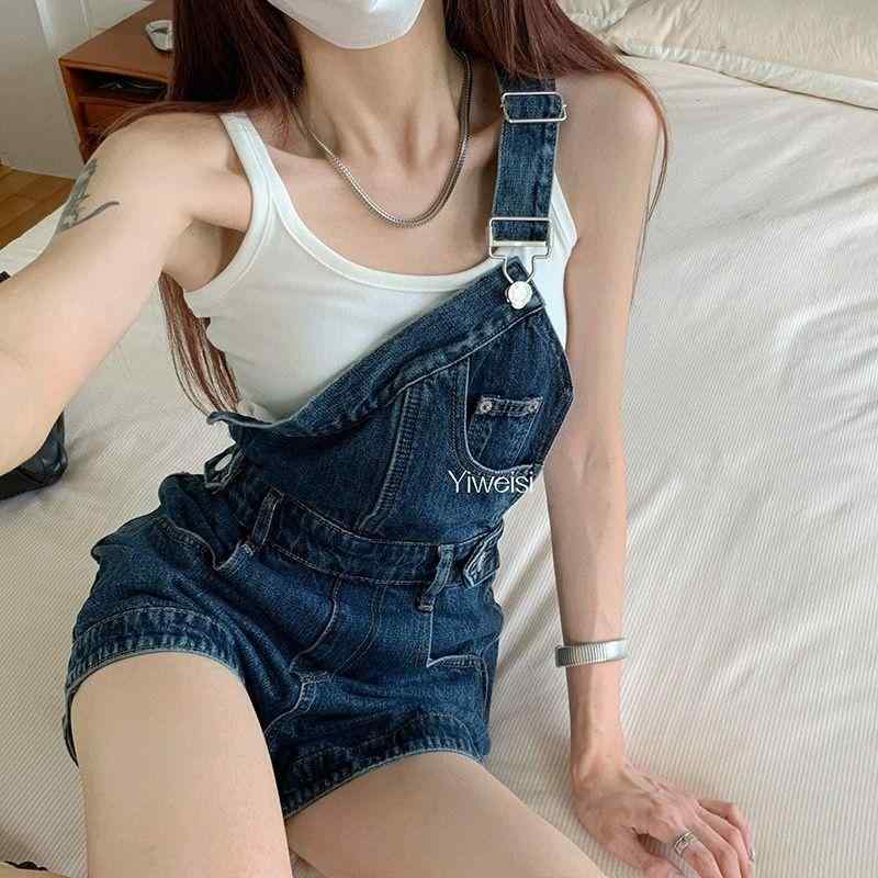 サロペット レディース デニム オーバーオール ワンショルダー アシンメトリー ワイド ショートパンツ ハイウエスト カジュアル 普段使い 伸縮性 ブルー 秋冬