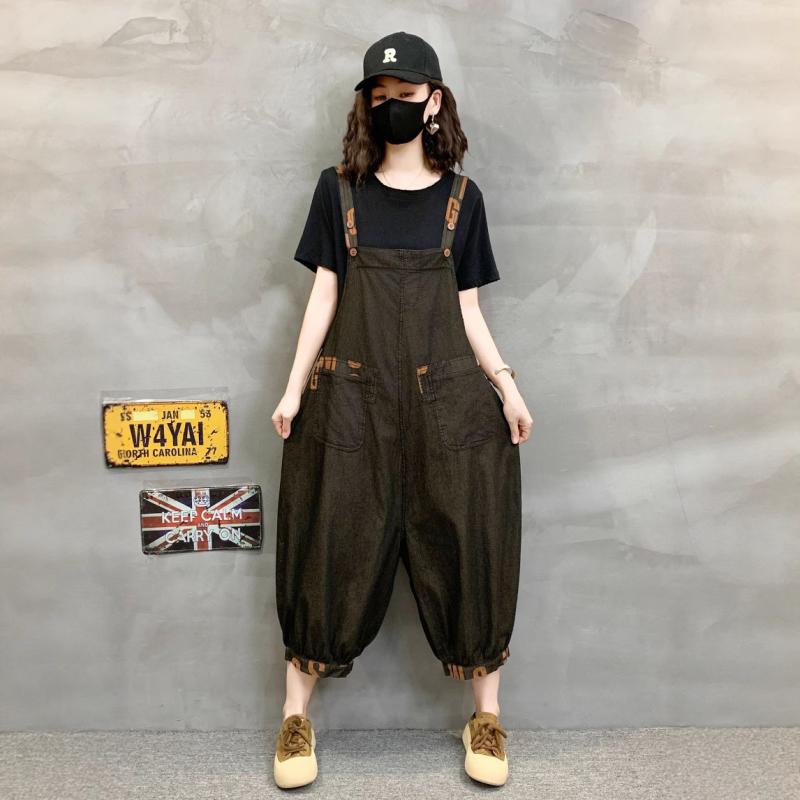 サロペット レディース テンセル デニム オーバーオール ワイドパンツ ユーズド加工 プリント ポケット ノースリーブ 春夏 ゆったり リラックス カジュアル(x2)