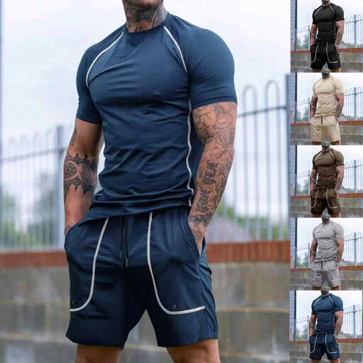 スポーツウェア メンズ 男性用 ランニング トレーニング フィットネス ジム ワークアウト ポリエステル Tシャツ 半袖 ショートパンツ 上下セット 春夏 カジュアル スポーツウェア メンズ 男性用 ランニング トレーニング フィットネス ジム ワークアウト ポリエステル Tシャツ 半袖 ショートパンツ 上下セット 春夏 カジュアル