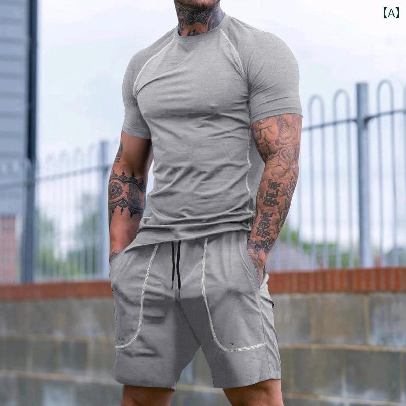 スポーツウェア メンズ 男性用 ランニング トレーニング フィットネス ジム ワークアウト ポリエステル Tシャツ 半袖 ショートパンツ 上下セット 春夏 カジュアル