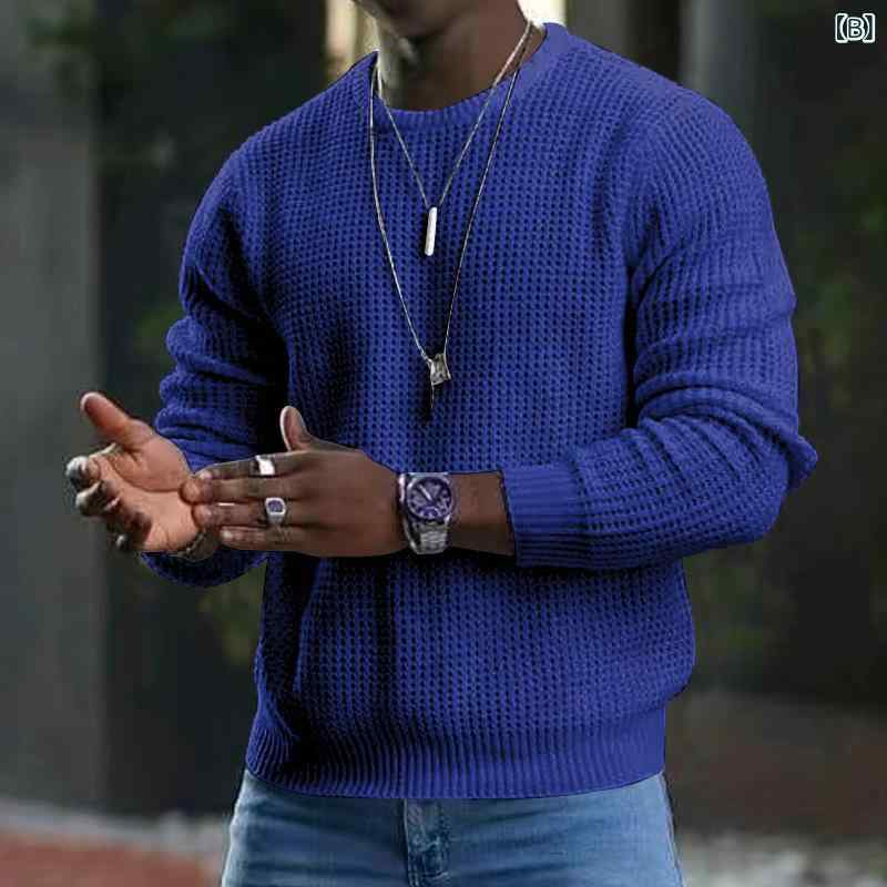 ニット メンズ 男性用 クルーネック プルオーバー ワッフル セーター 綿混紡 ポリエステル 無地 スリムフィット 細身 スポーツ カジュアル 普段使い 秋冬 トップス