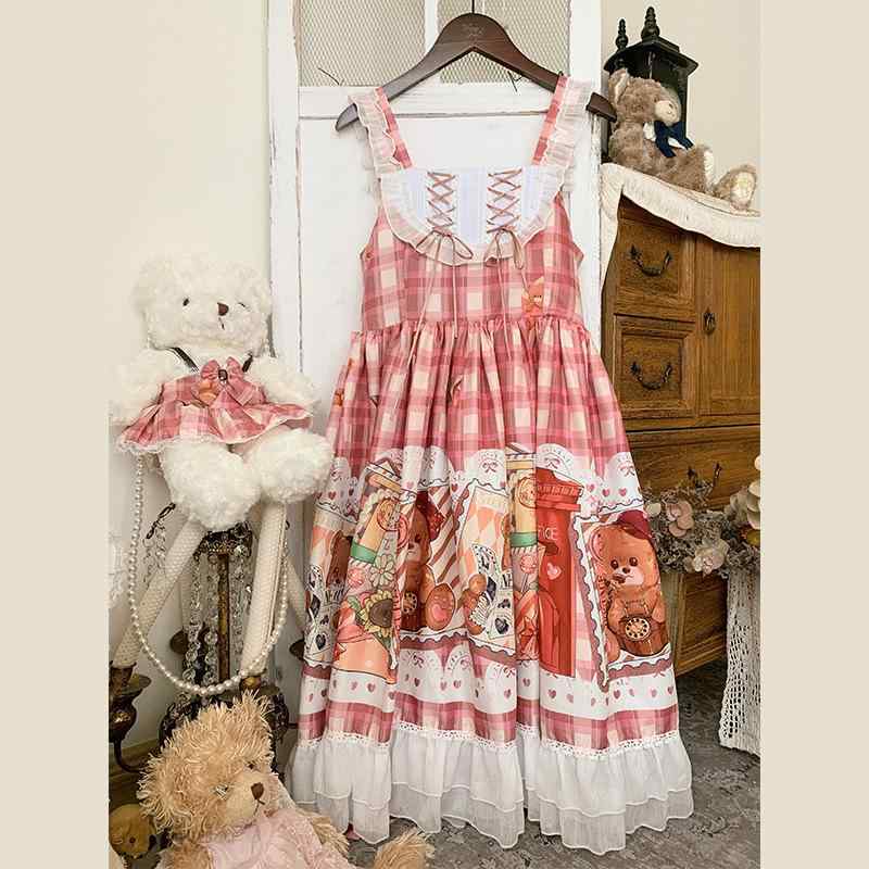 ワンピース レディース ロリータ JSK 切手クマ プリント かわいい 甘い キャミソールワンピース ふんわ..