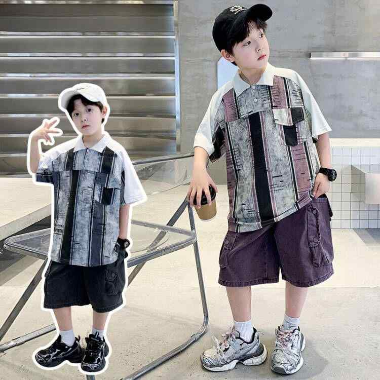 セットアップ 男の子 キッズ ジュニア 男児 半袖 Tシャツ コットン ハーフパンツ 半ズボン 2点セット 夏服 カジュアル 普段着 ルームウェア(x2)