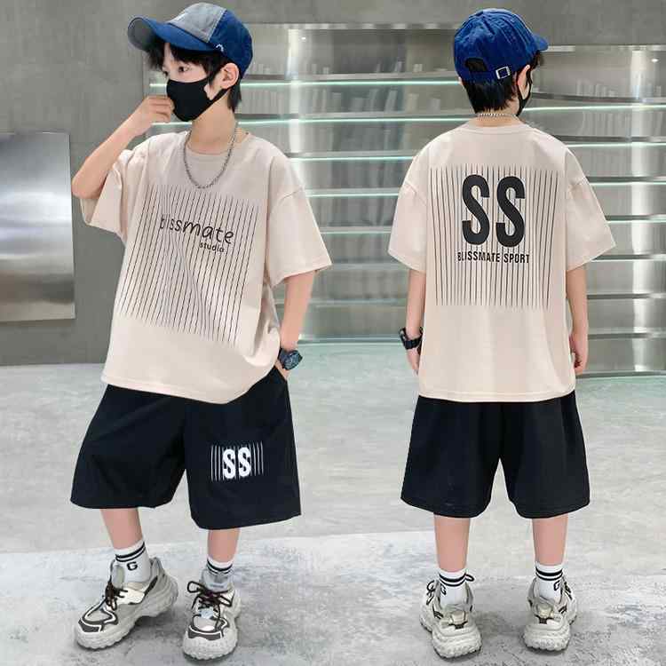 子供服 男の子 ジュニア 春夏 半袖 Tシャツ ハーフパンツ 上下セット ロゴプリント カジュアル 綿 薄手 通気性 グレー ベージュ(x2)