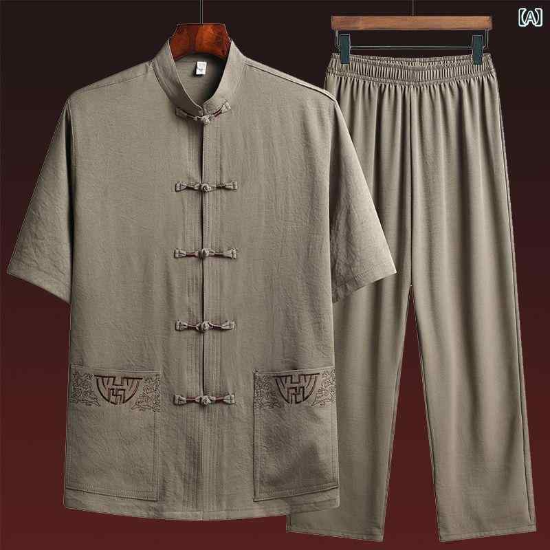メンズ セットアップ 中高年 シニア 男性用 唐装 中国服 中華服 半袖 上下セット 夏物 普段使い カジュアル 部屋着 形態安定 イージーケア