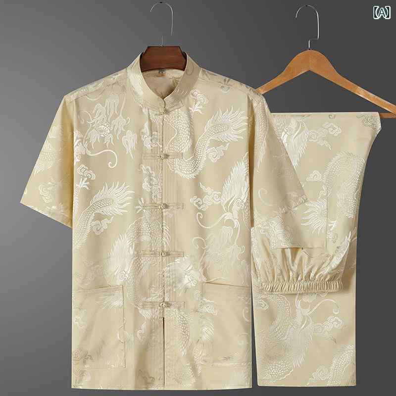 唐装 メンズ シニア 中高年 接触冷感 半袖シャツ ポリエステル素材 中国風 カジュアル ビッグサイズ ゆったり セットアップ 夏服 普段使い ポケット付き ジャカード織り