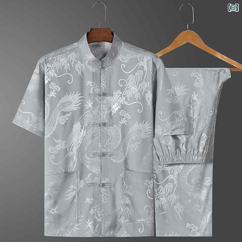 唐装 メンズ シニア 中高年 接触冷感 半袖シャツ ポリエステル素材 中国風 カジュアル ビッグサイズ ゆったり セットアップ 夏服 普段使い ポケット付き ジャカード織り