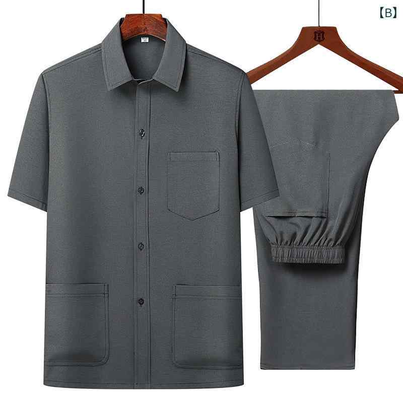 メンズ セットアップ 半袖シャツ ロングパンツ 中高年 シニア 薄手 接触冷感 ゆったり リラックスフィット 吸汗速乾 通気性 ストレッチ カジュアル 上下セット 普段使い ルームウェア グレー系 ネイビー カーキ 春夏